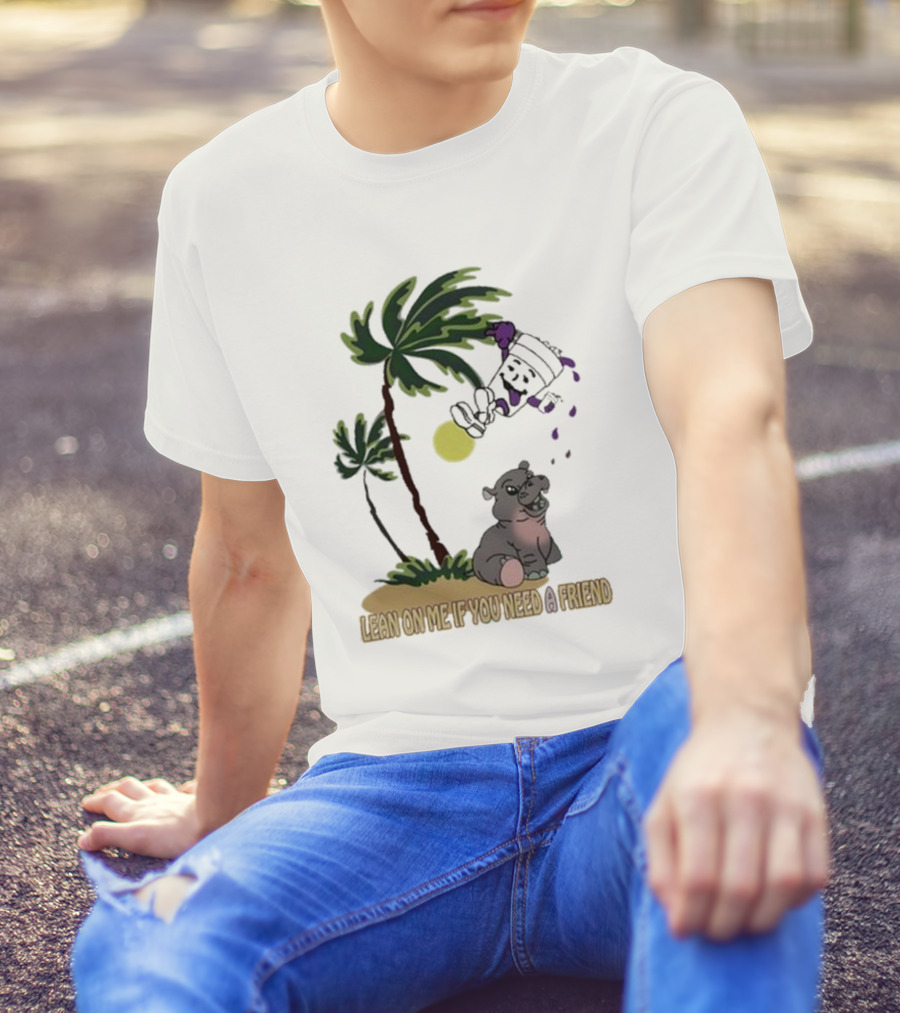 Grapejuiceboys Lean On Me If You Need A Friend Moo Deng Palm Tree Tropical Scene T-Shirt
