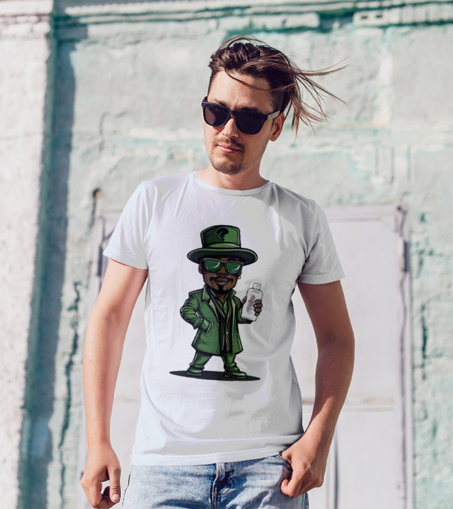 Little Diddler Holding Baby Oil In Green Outfit With Question Mark Hat T-Shirt