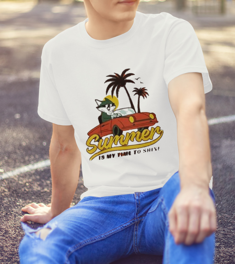 Summer Is My Time To Shine Cat In Car With Palm Trees T-Shirt
