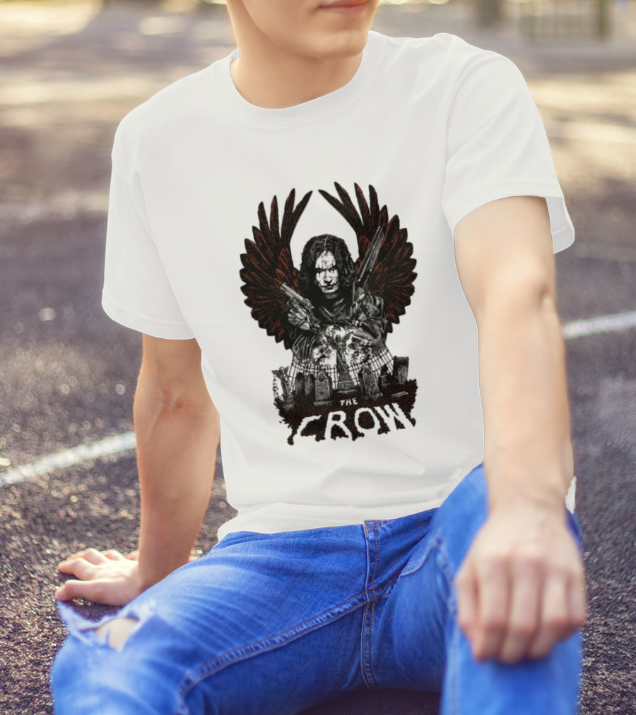 The Crow Winged Figure With Cemetery Background And Gothic Text The Crow T-Shirt