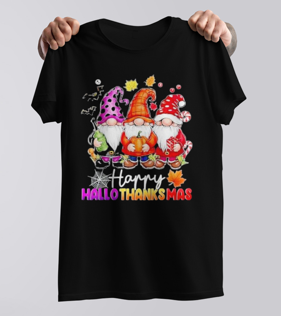 Happy Hallo Thanks Mas Halloween Thanksgiving Christmas Gnomes With Spider Webs Leaves Pumpkin And Candy Canes T-Shirt
