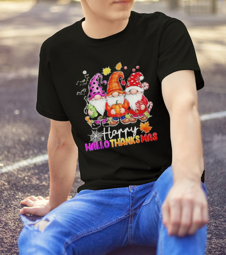 Happy Hallo Thanks Mas Halloween Thanksgiving Christmas Gnomes With Spider Webs Leaves Pumpkin And Candy Canes T-Shirt