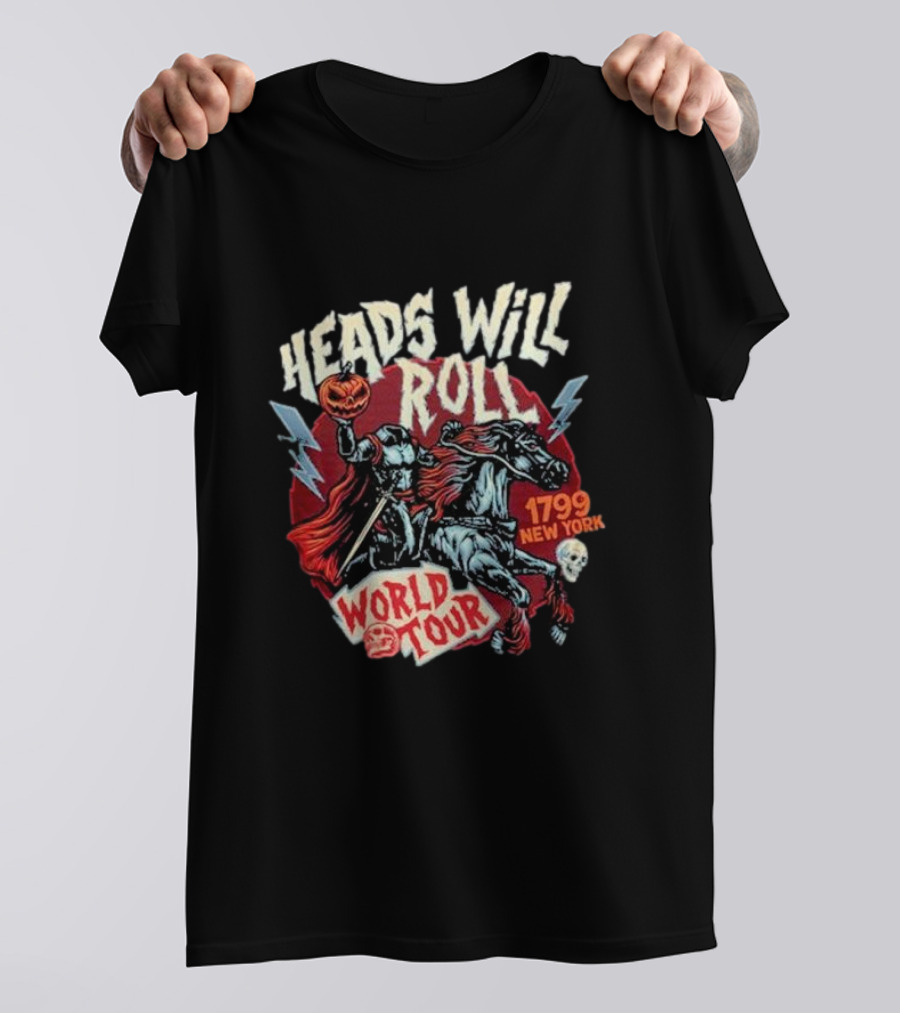Heads Will Roll World Tour 1799 New York Halloween Horseback Pumpkin Skull Lightning T-Shirt