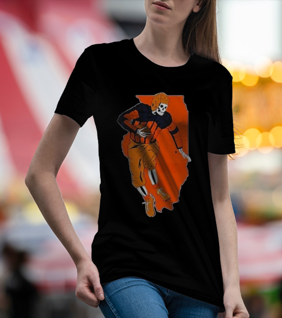 Il Football Pocket Skeleton Player Over Illinois Map T-Shirt