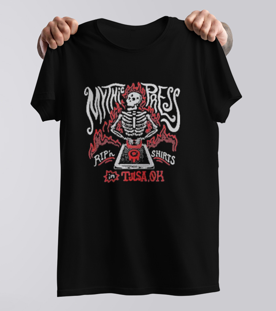 Mythic Press Rip'n Shirts Skeleton Flames Tulsa OK T-Shirt