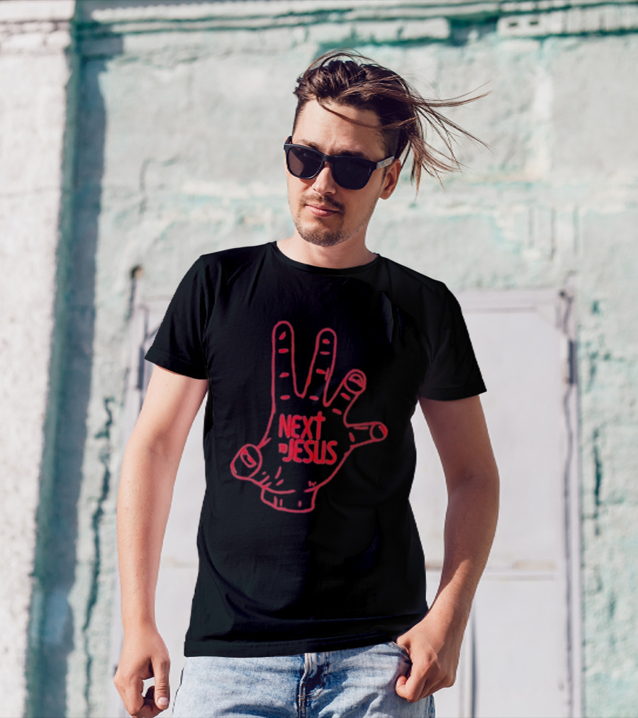 Next To Jesus Hand Neon Red Outline T-Shirt