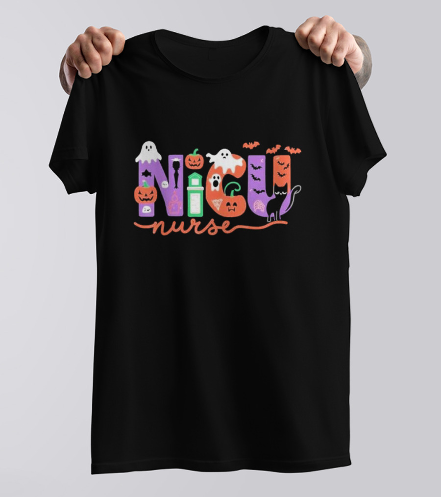 Nicu Nurse Halloween Ghosts Pumpkins Bats Black Cat Neonatal Intensive Care Unit T-Shirt