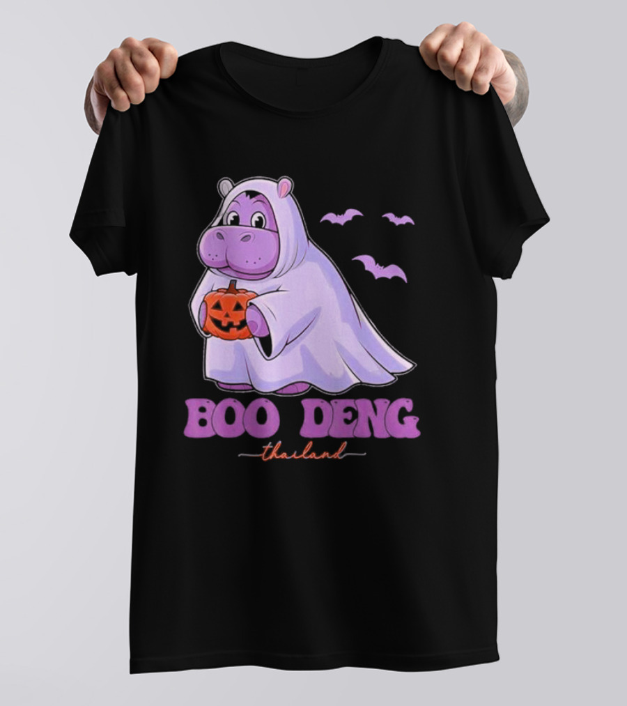 Boo Deng Thailand Halloween Hippo With Pumpkin And Bats T-Shirt