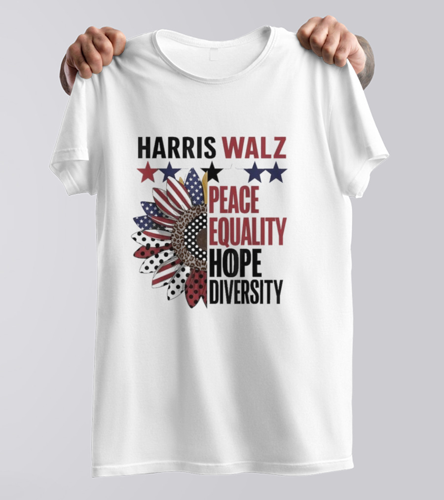 Harris Walz Patriotic Stars Flower Peace Equality Hope Diversity T-Shirt