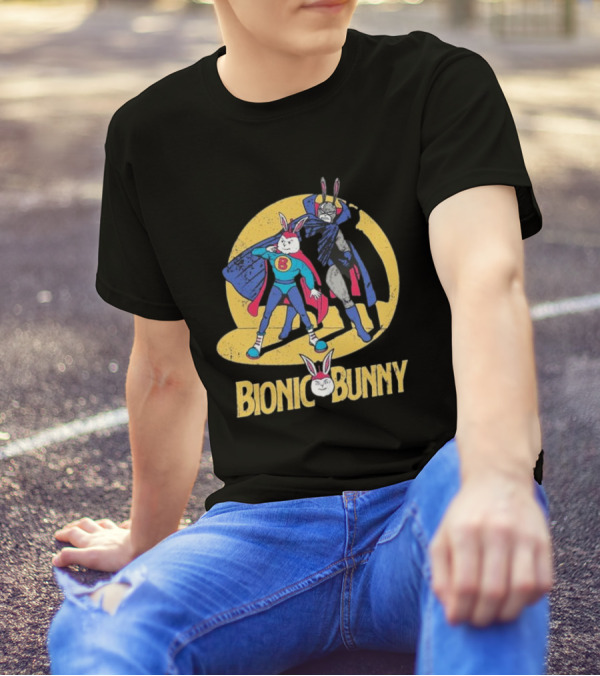 Bionic Bunny Superhero Duo With Colorful Cape And Moon Background T-Shirt