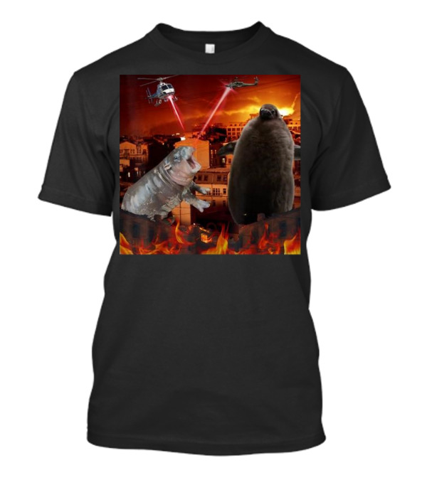 Moo Deng And Pesto Battle Urban Showdown With Helicopters And Laser Beams T-Shirt