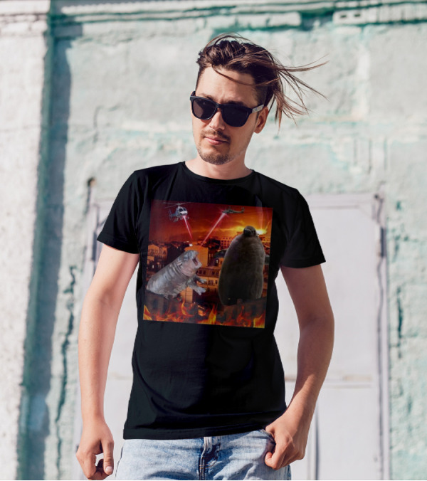 Moo Deng And Pesto Battle Urban Showdown With Helicopters And Laser Beams T-Shirt