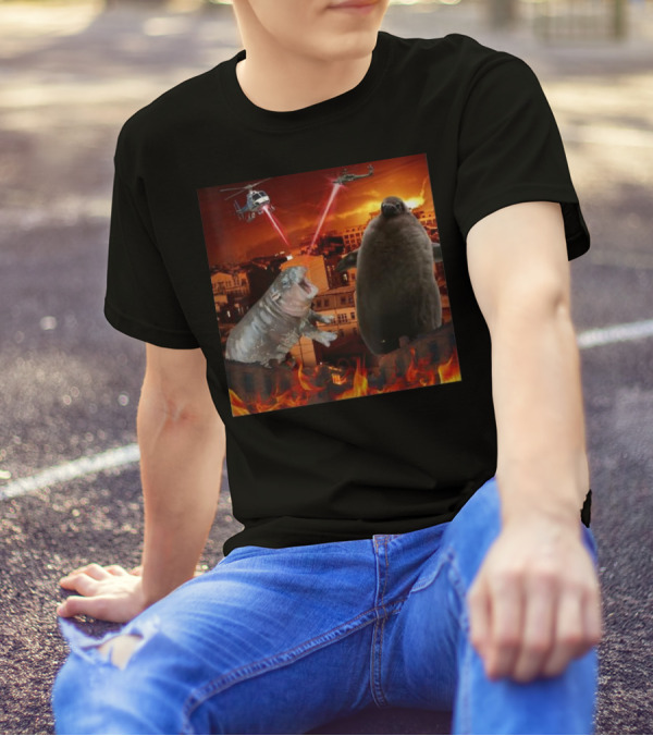 Moo Deng And Pesto Battle Urban Showdown With Helicopters And Laser Beams T-Shirt