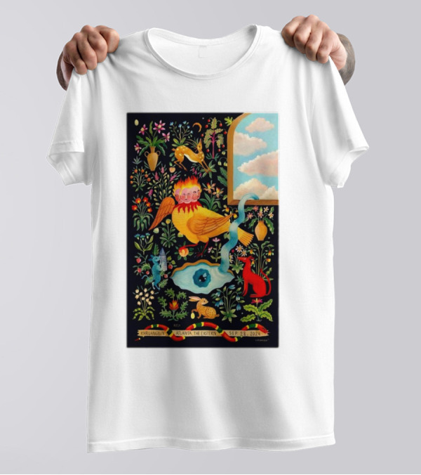 Khruangbin Atlanta The Eastern September 28 2024 Colorful Surreal Floral Art With Playful Animals And Streaming Clouds T-Shirt