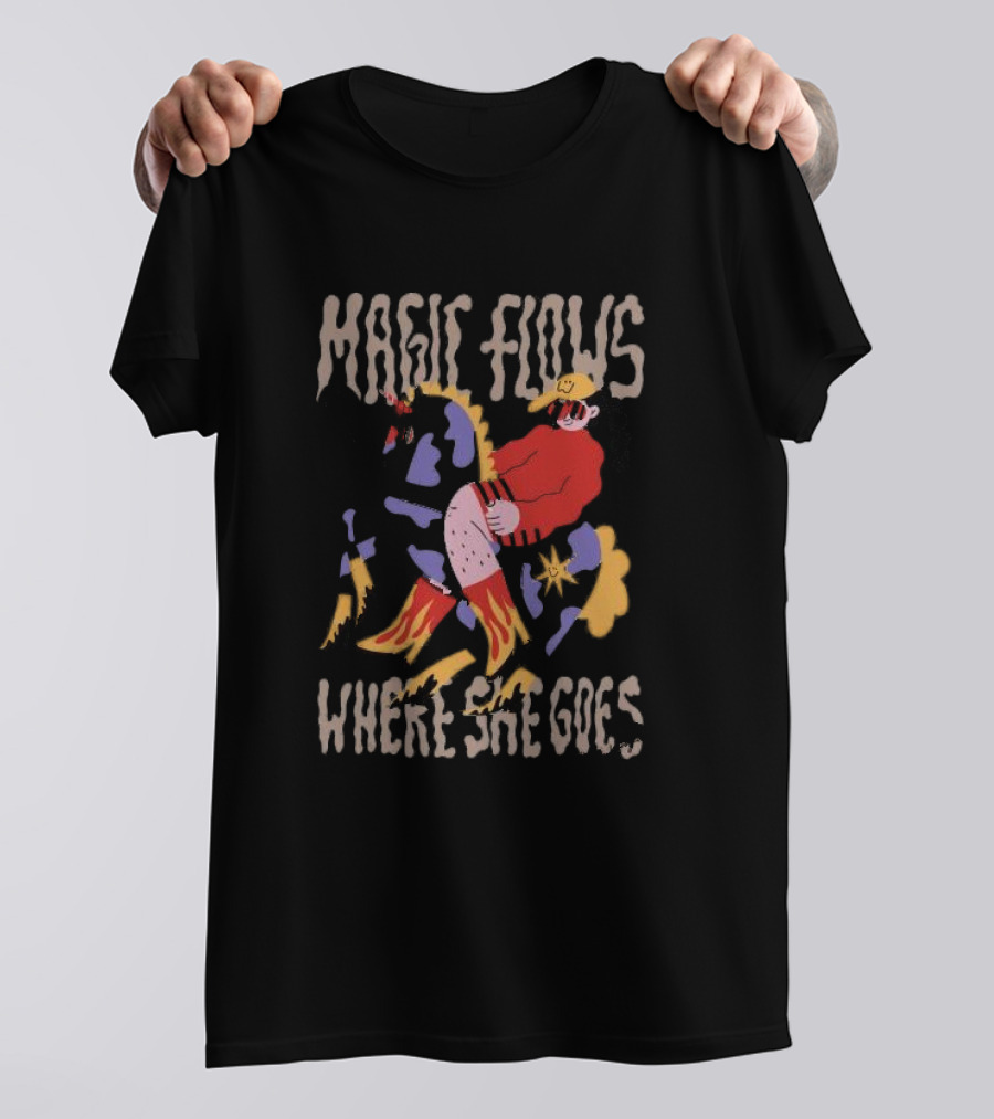 MAGIC FLOWS WHERE SHE GOES Riding A Colorful Horse In Red And Yellow T-Shirt