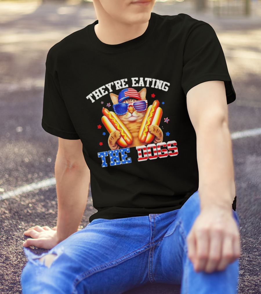 They’re Eating The Dogs Patriotic Cat With Hotdogs And American Flag Sunglasses T-Shirt