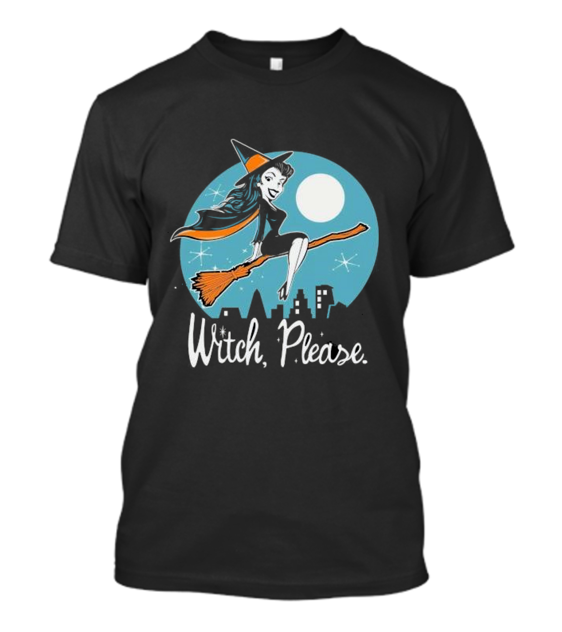 Witch Please Slim Midnight City Happy Halloween 2024 Broomstick Flying Moonlight Scene T-Shirt