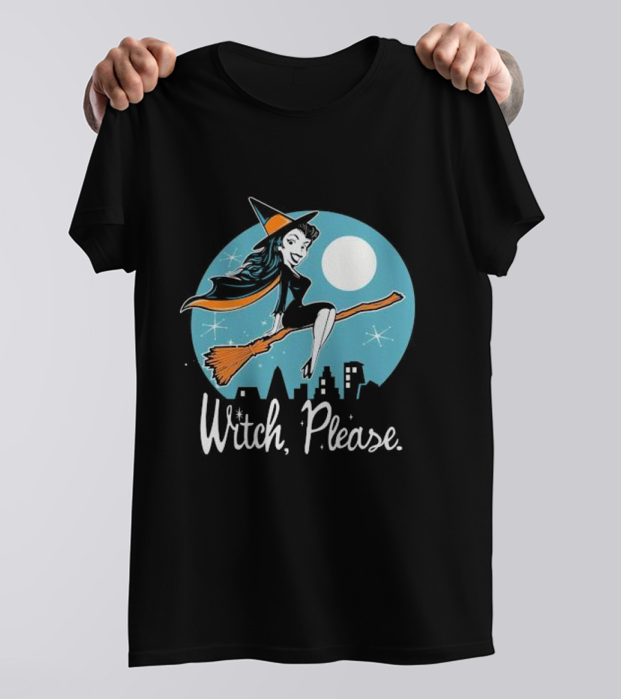 Witch Please Slim Midnight City Happy Halloween 2024 Broomstick Flying Moonlight Scene T-Shirt