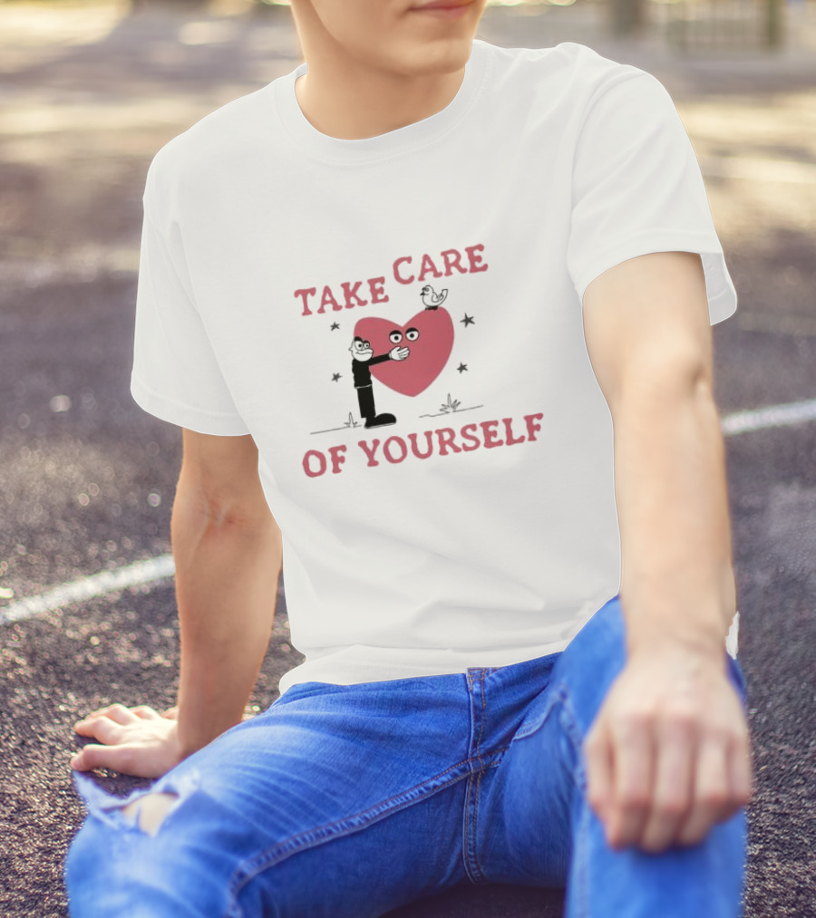 Take Care Of Yourself Heart With Cartoon Character And Bird T-Shirt