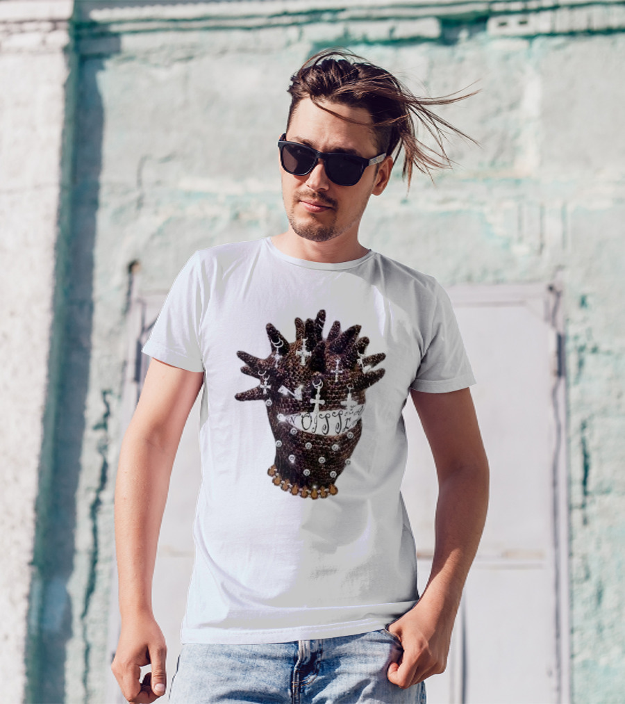 Unique Knitted Hood Spiked Viking Cross Decorated T-Shirt