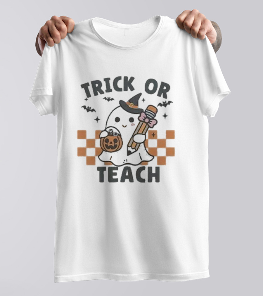 Trick Or Teach Ghost Halloween Witch Hat Pumpkin Pencil Bow T-Shirt