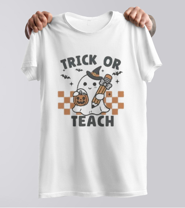 Trick Or Teach Teacher Halloween Ghost With Witch Hat And Pumpkin T-Shirt