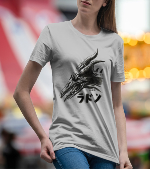 Waterbrushed Kaiju Rodan Japanese Text T-Shirt