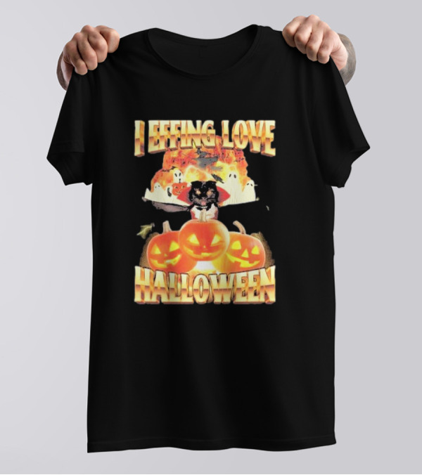 I Effing Love Halloween Bat Cat With Pumpkins And Ghosts T-Shirt