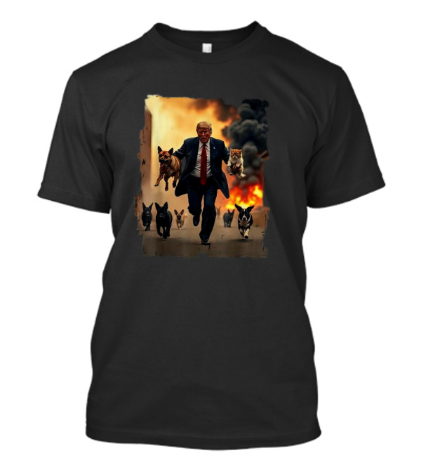 US Election 2024 Republican Dogs And Trump Running With Cats In Fire Background T-Shirt