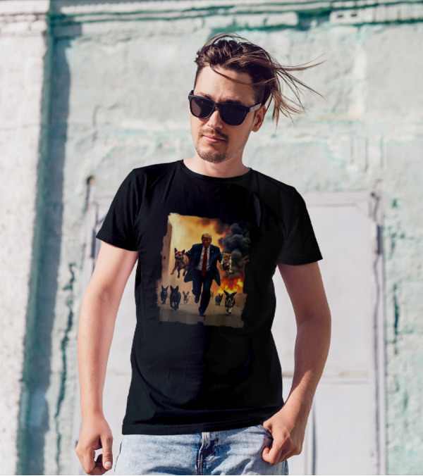 US Election 2024 Republican Dogs And Trump Running With Cats In Fire Background T-Shirt