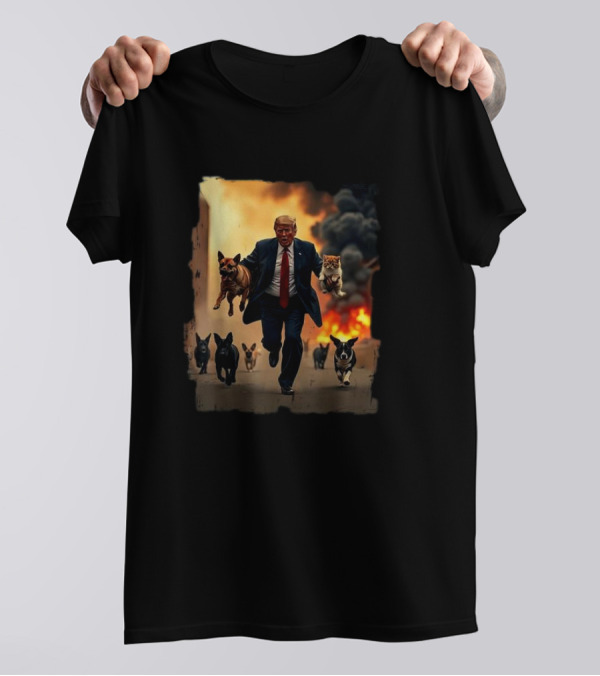 US Election 2024 Republican Dogs And Trump Running With Cats In Fire Background T-Shirt