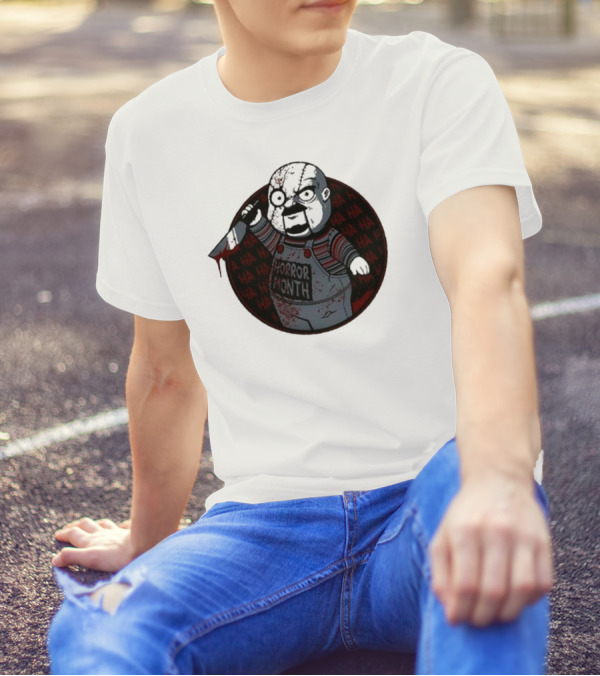 Horror Month Screen Printed Bloody Knife HA HA Masked Character T-Shirt