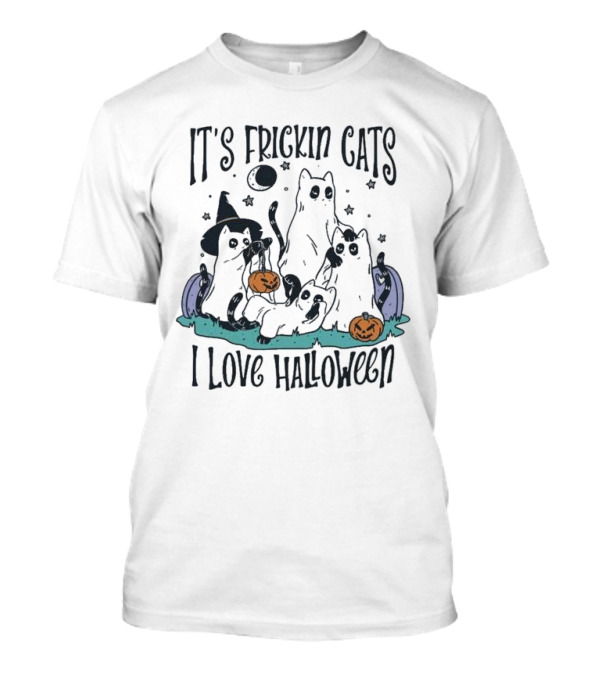 It's Frickin Cats I Love Halloween Ghost Cats Pumpkins Moon Stars T-Shirt