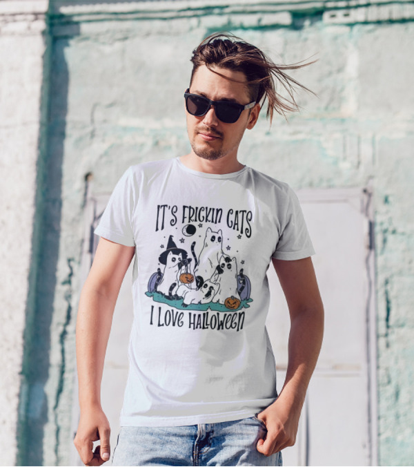 It's Frickin Cats I Love Halloween Ghost Cats Pumpkins Moon Stars T-Shirt