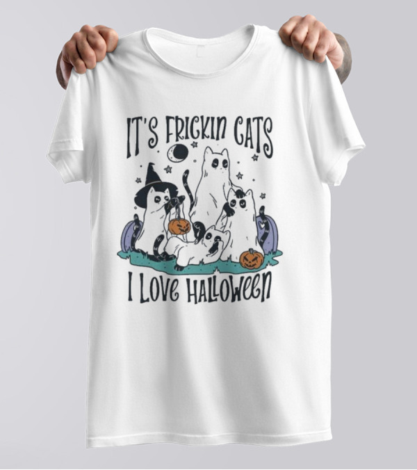 It's Frickin Cats I Love Halloween Ghost Cats Pumpkins Moon Stars T-Shirt