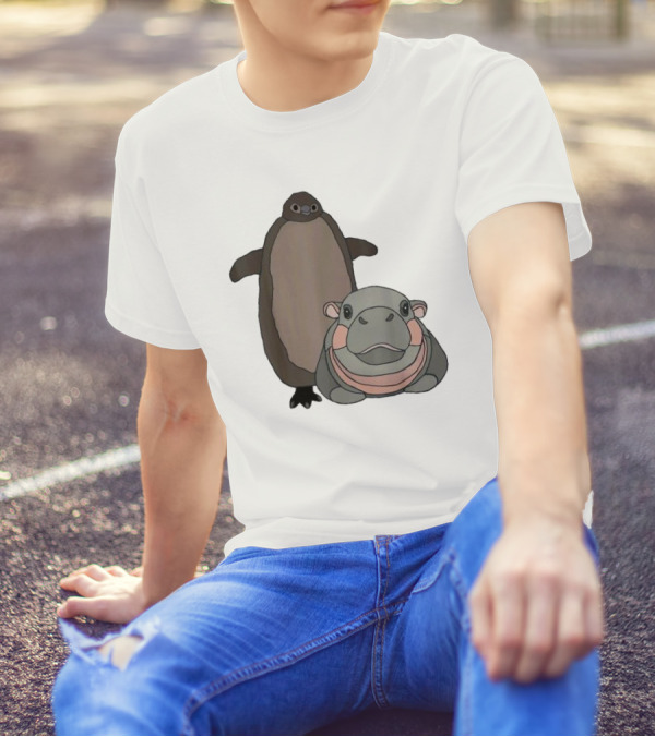 Pesto The Penguin And Moo Deng The Baby Hippo Cartoon Characters T-Shirt