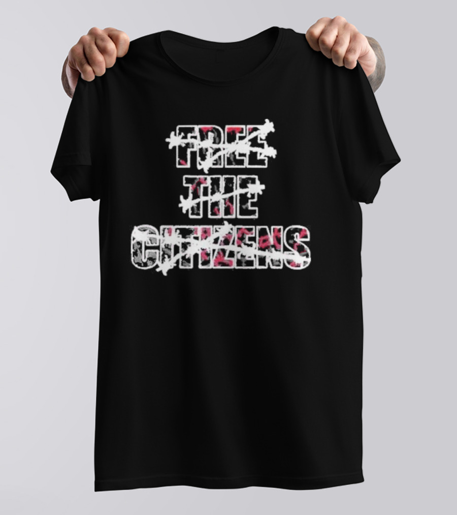 FREE THE CITIZENS Red And White Distressed Letters With Barbed Wire T-Shirt
