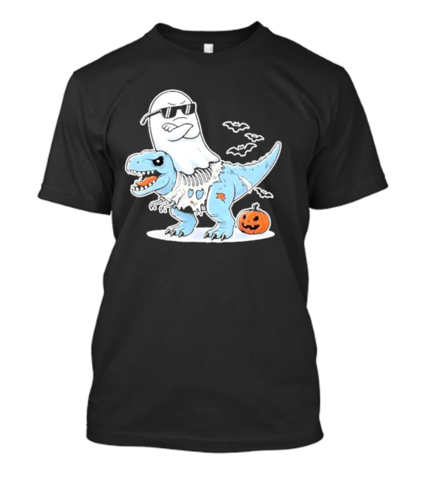 Halloween Cool Ghost Riding Zombie Dinosaur With Pumpkin And Bats T-Shirt