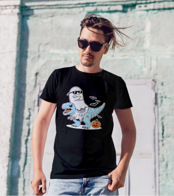 Halloween Cool Ghost Riding Zombie Dinosaur With Pumpkin And Bats T-Shirt