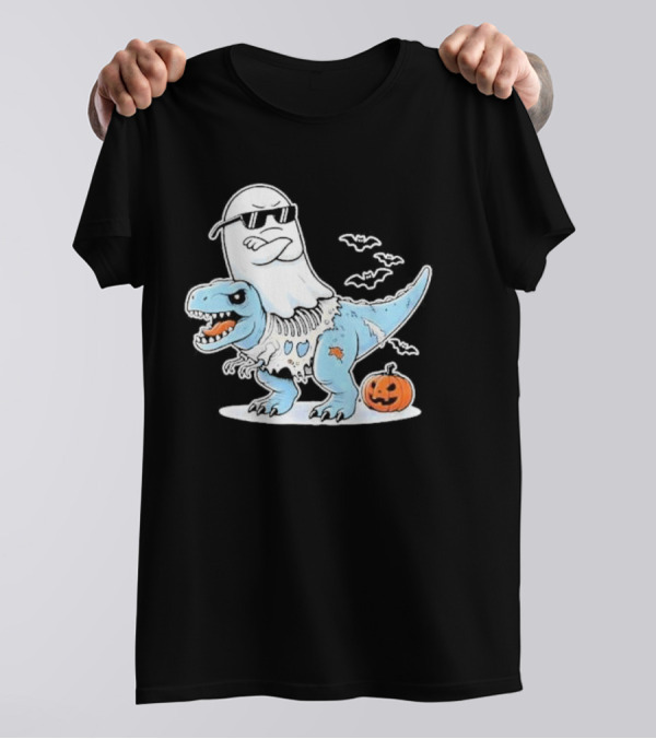 Halloween Cool Ghost Riding Zombie Dinosaur With Pumpkin And Bats T-Shirt