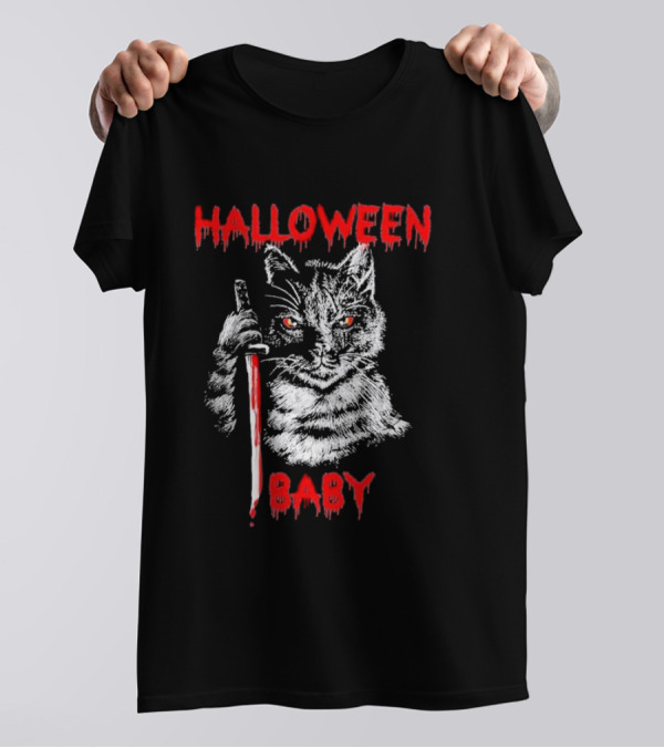 Halloween Baby Scary Black Cat With Sword T-Shirt