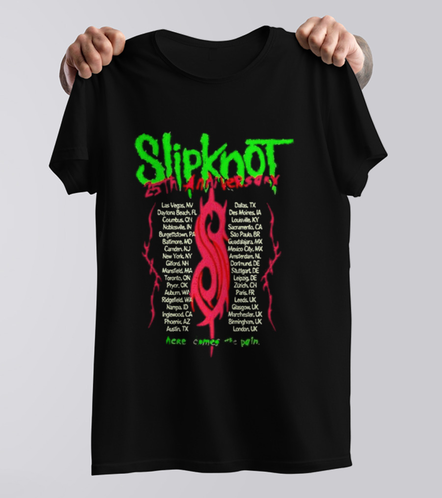 Slipknot 25th Anniversary Here Comes The Pain Tour Locations List T-Shirt