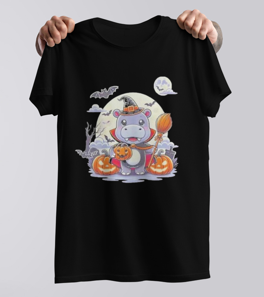 Moo Deng Halloween Hippo Witch Broom Pumpkins T-Shirt