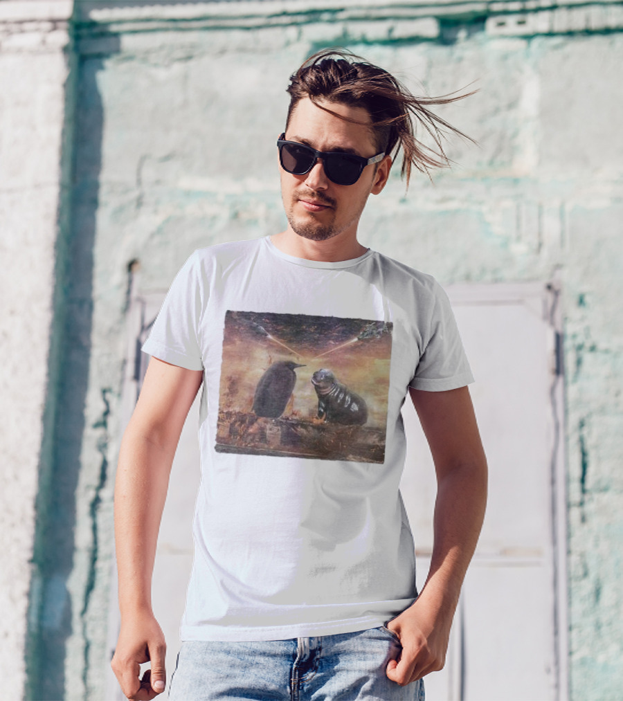 Baby Pesto Penguin Standoff With Moo Deng Amidst Battling Spaceships T-Shirt
