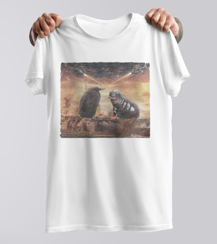 Baby Pesto Penguin Standoff With Moo Deng Amidst Battling Spaceships T-Shirt
