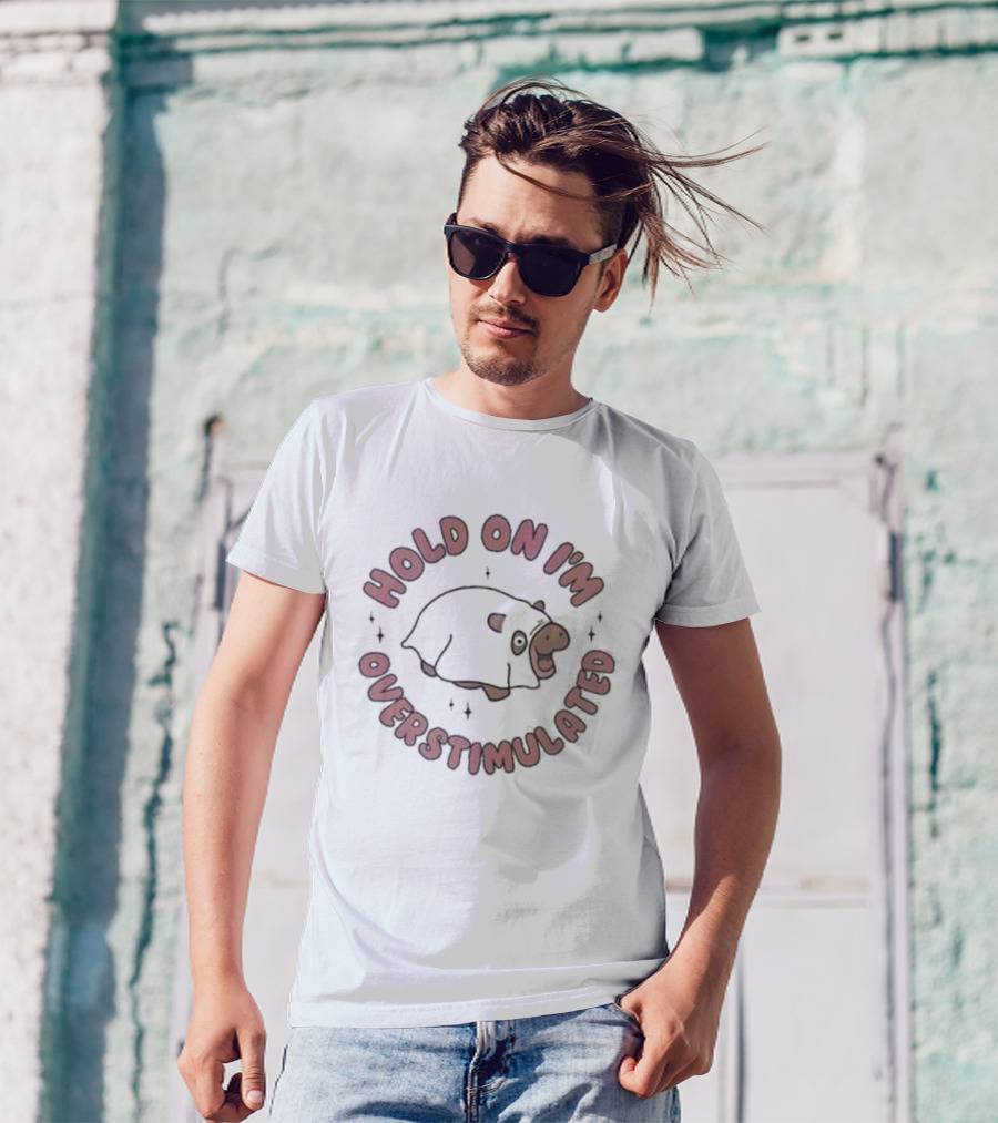 Hold On I'm Overstimulated Cute Cartoon Cow With Sparkles T-Shirt