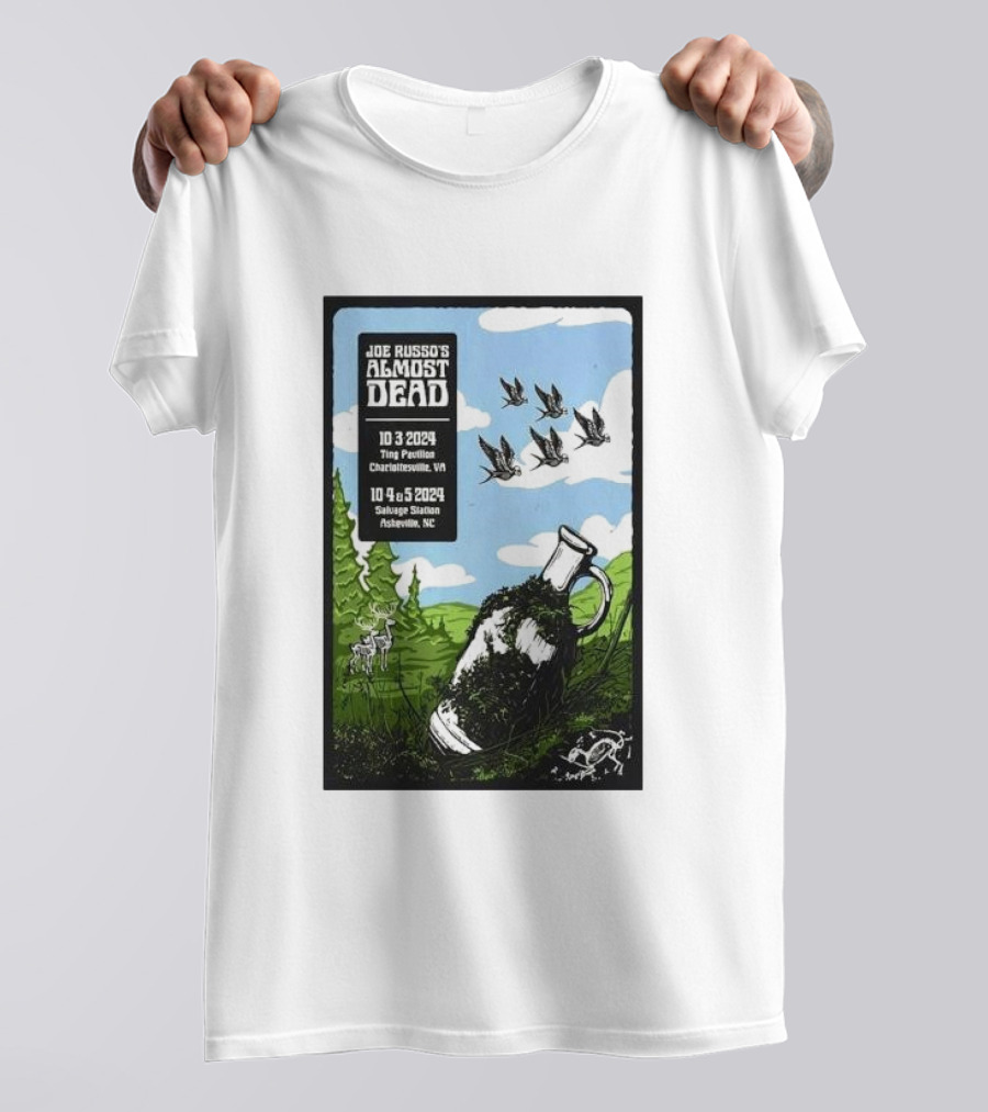 Joe Russo’s Almost Dead Oct 03 2024 Charlottesville VA Ting Pavilion Deer Birds Jug Tree Field Sky T-Shirt