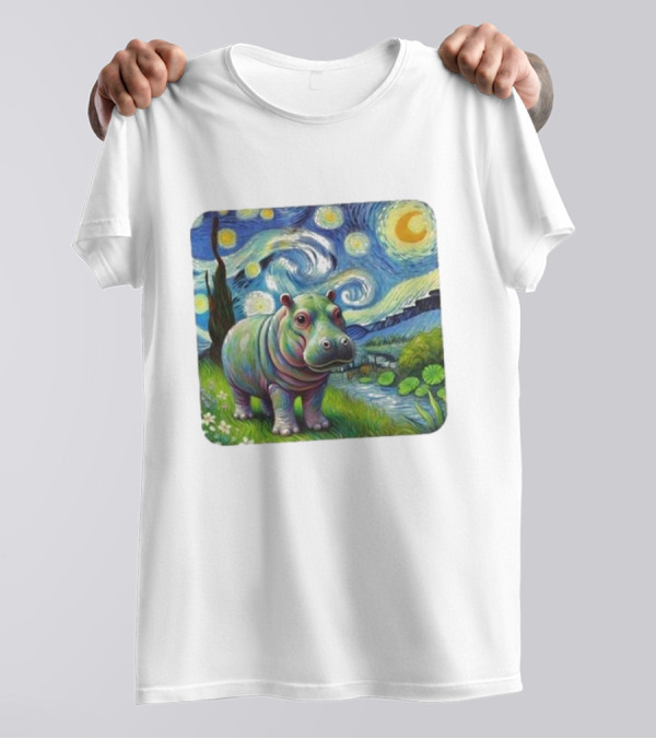 Moo Deng Cute Baby Hippo Van Gogh 2024 Starry Night T-Shirt