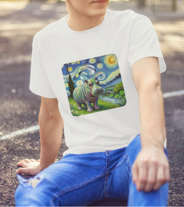 Moo Deng Cute Baby Hippo Van Gogh 2024 Starry Night T-Shirt