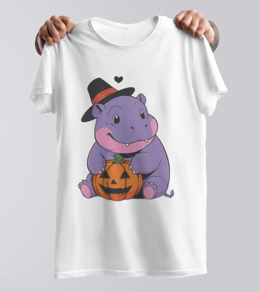 Moo Deng Halloween 2024 Purple Hippo Witch Hat Pumpkin T-Shirt